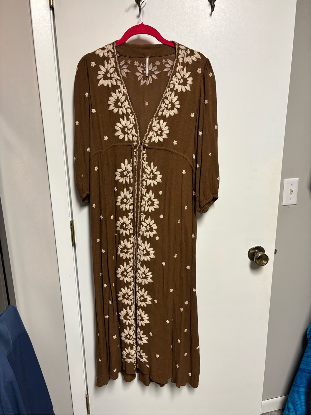 Free People Brown Dress with Cream Floral Embroidery